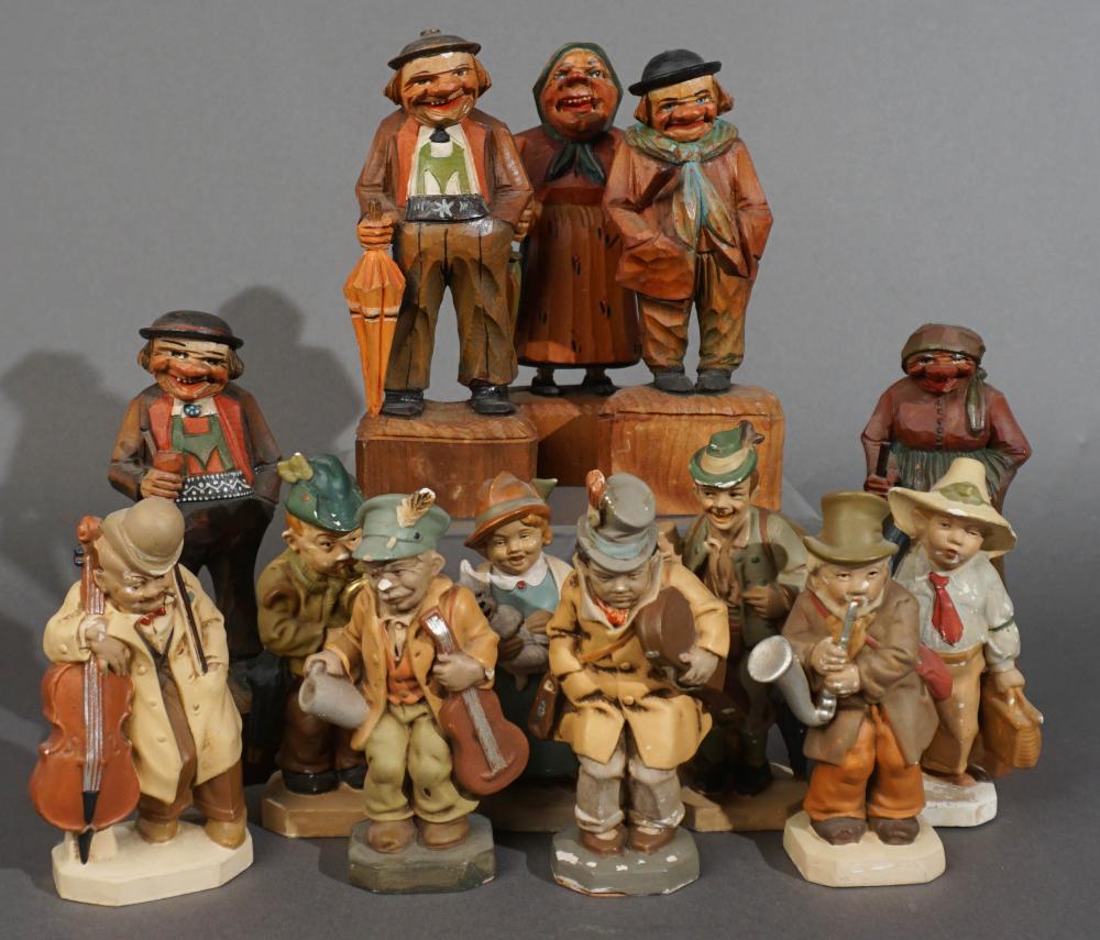 FIVE GERMAN CARVED DECORATED WOOD FIGURES