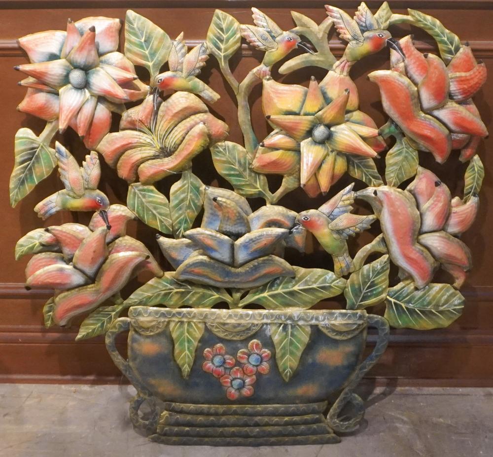 PAINTED METAL BIRDS AND PLANTER  2e7f91