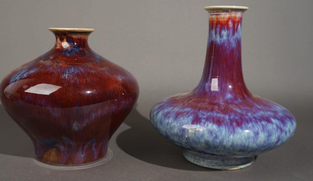 TWO CHINESE FLAMBE GLAZED VASES,