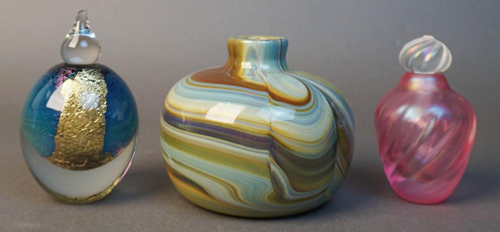 ART GLASS VASE AND TWO PERFUMES,