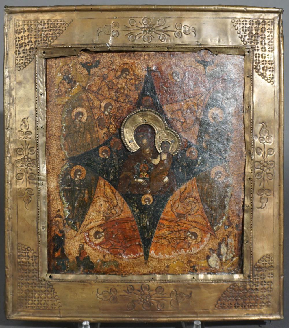 RUSSIAN PAINTED ICON WITH COPPER RIZARussian
