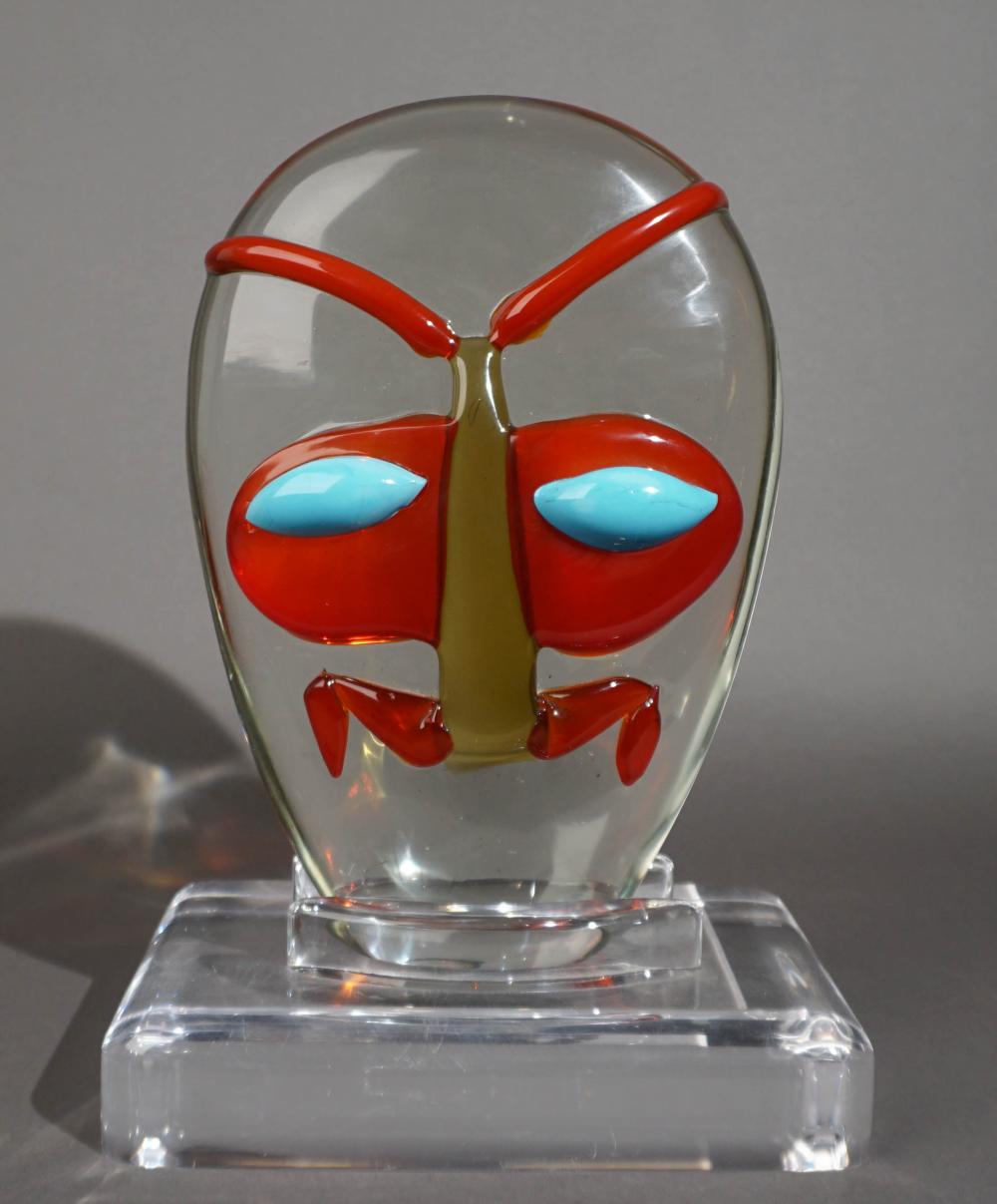 GLASS MASK ON LUCITE STAND, SIGNED