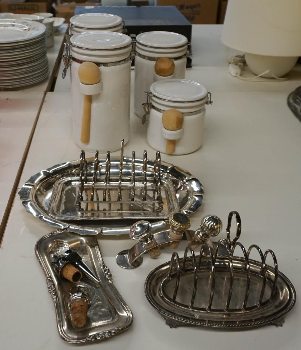 TWO SILVERPLATE TOAST RACKS, DECANTER