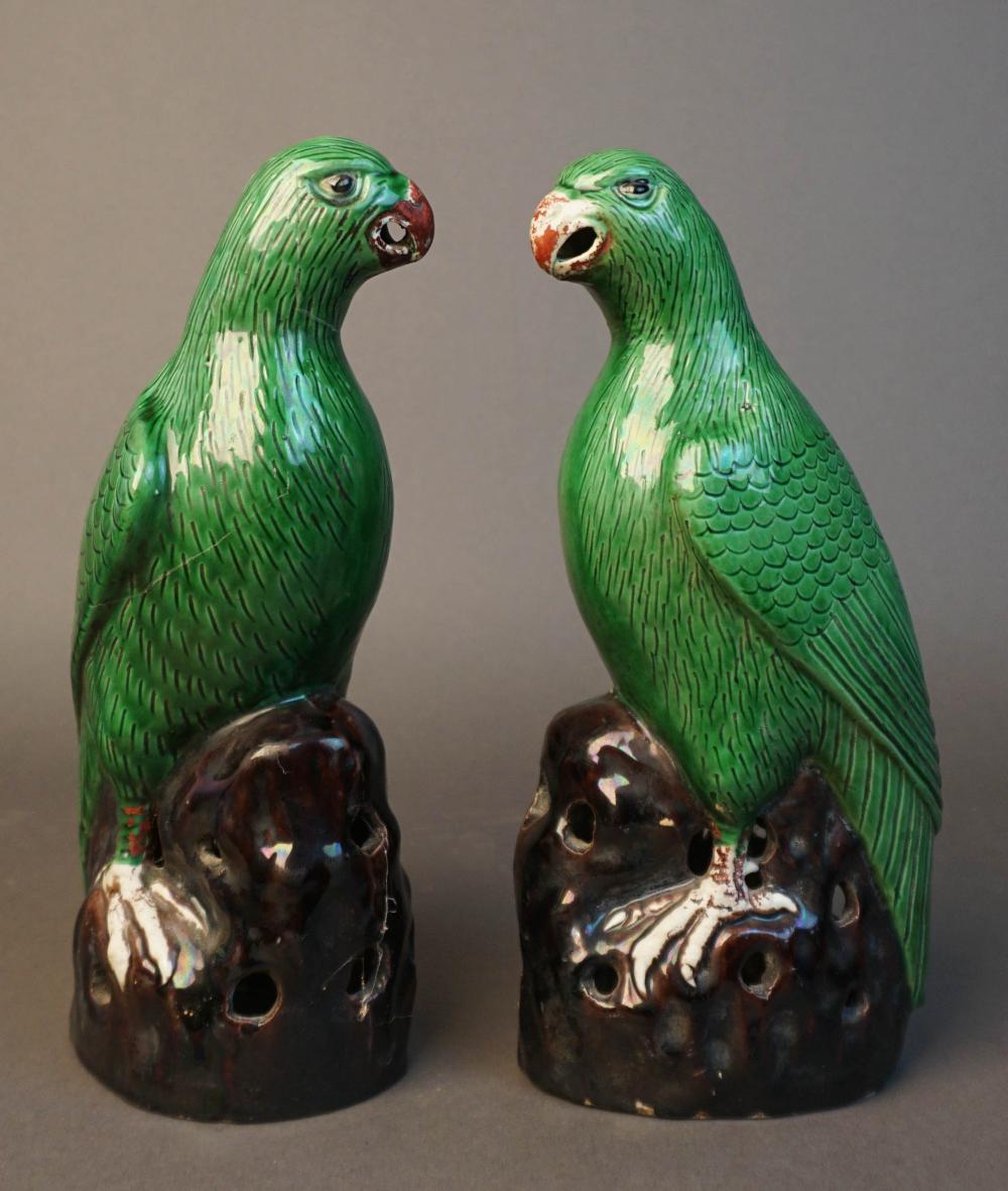 PAIR CHINESE GREEN GLAZED PERCHED