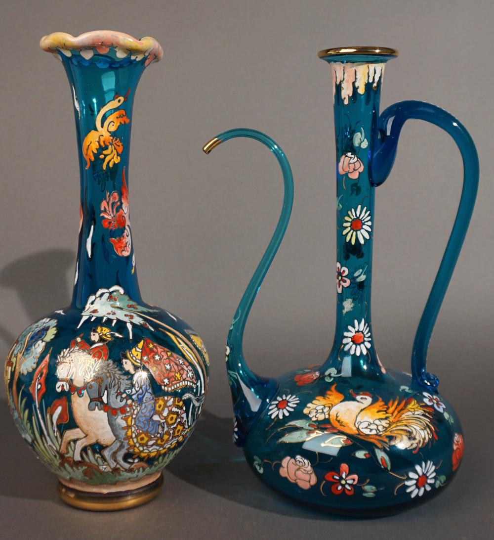 TWO ENAMEL DECORATED BLUE GLASS