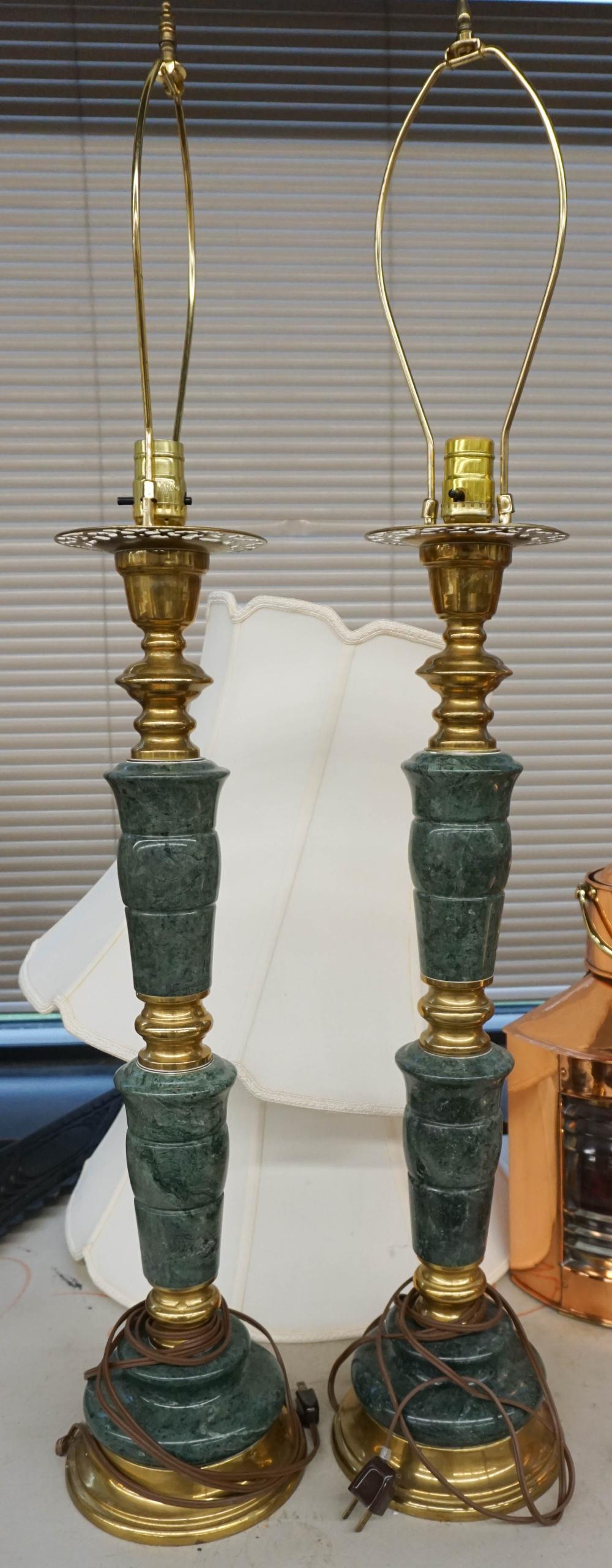 PAIR GREEN MARBLE AND BRASS TABLE