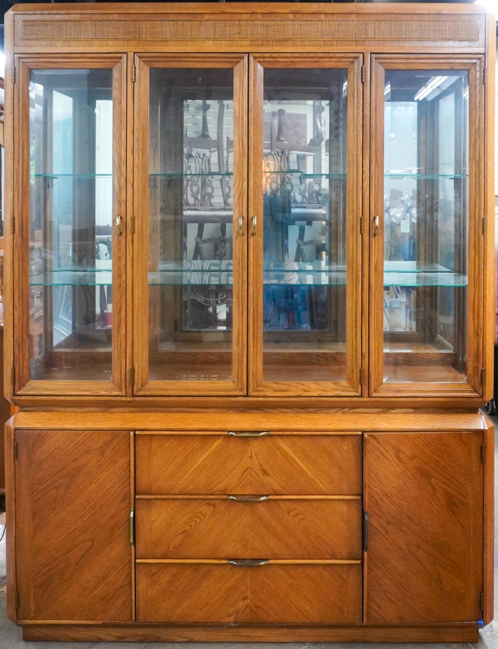 STANLEY OAK TWO-PART CHINA CABINET,