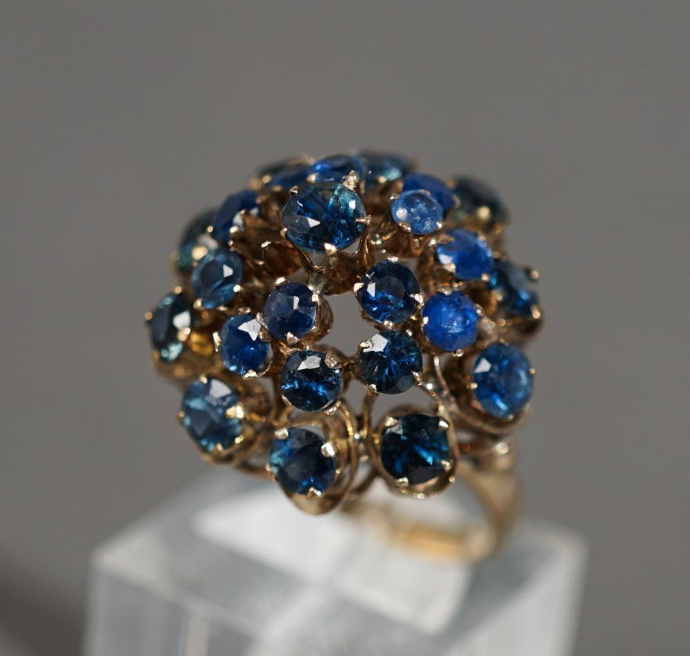 LOW KARAT YELLOW-GOLD AND BLUE SAPPHIRE