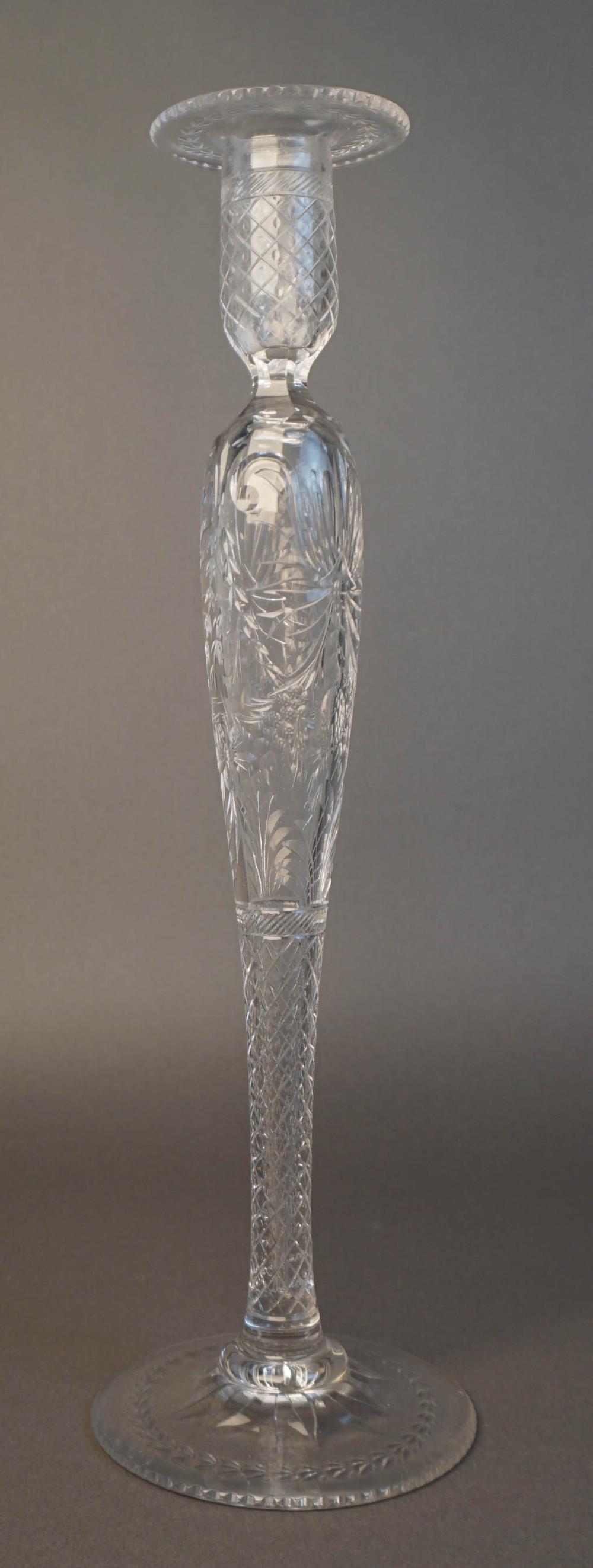 CUT AND ETCHED CRYSTAL TALL CANDLESTICK,