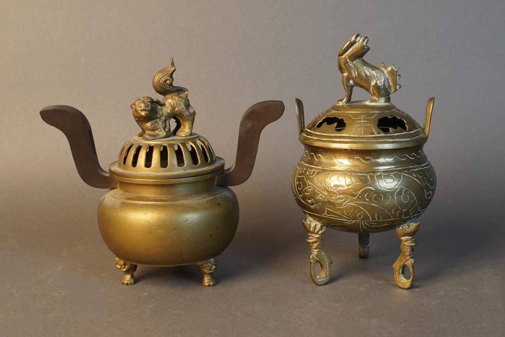 TWO CHINESE BRASS CENSERS, H OF