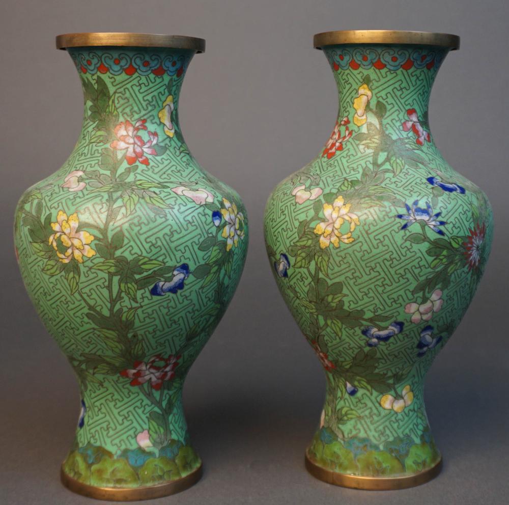 PAIR OF CHINESE GREEN GROUND CLOISONNE