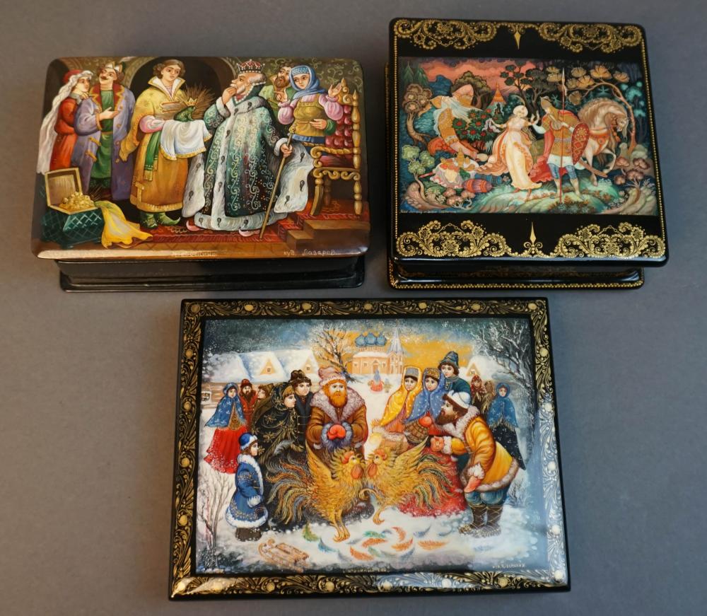 THREE RUSSIAN DECORATED LACQUERED