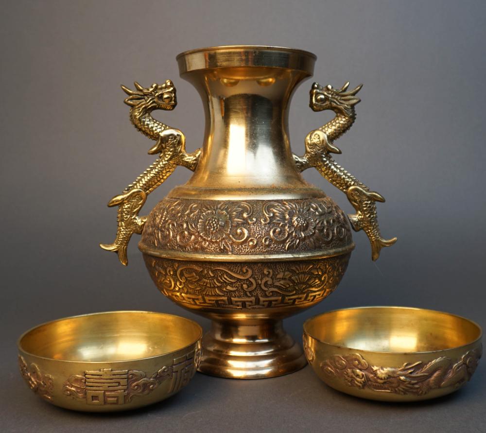 CHINESE BRONZE VASE AND PAIR BOWLS,