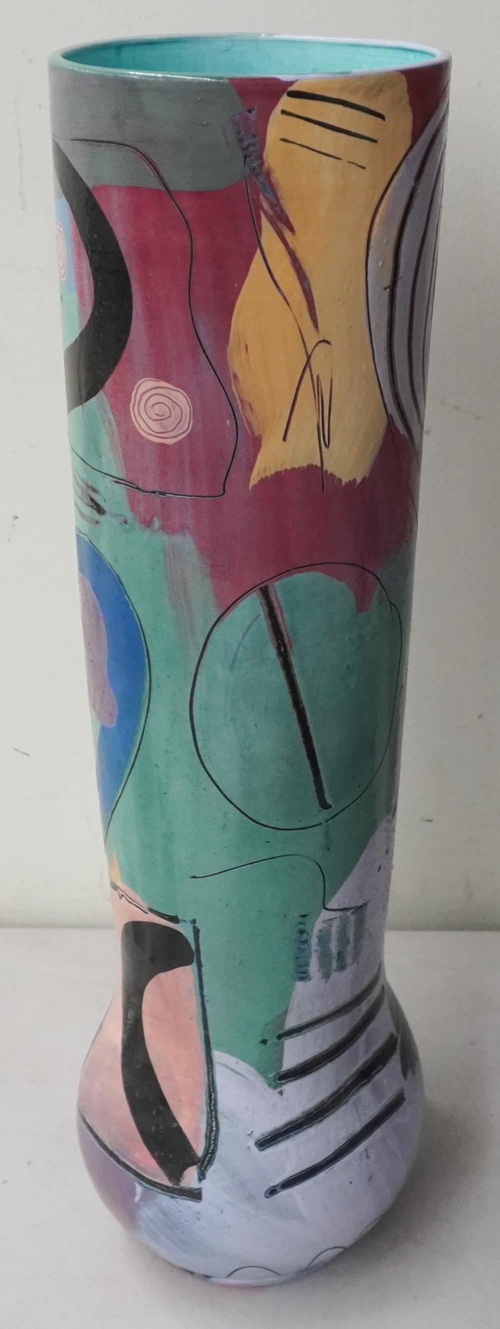 DECORATED POTTERY TALL VASE BY