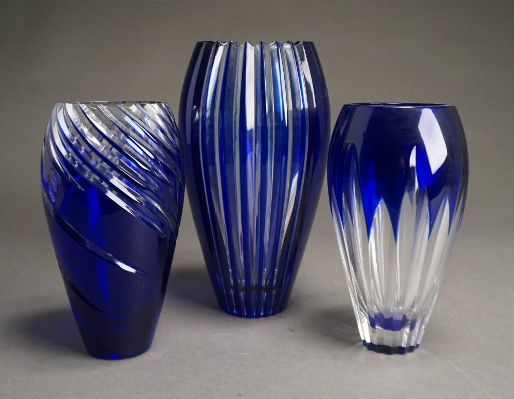 THREE COBALT TO CLEAR CRYSTAL VASES,