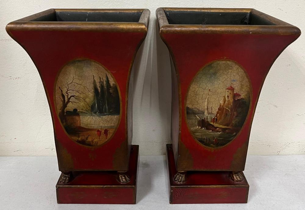 PAIR FRENCH DECORATED TOLE JARDINIERES,