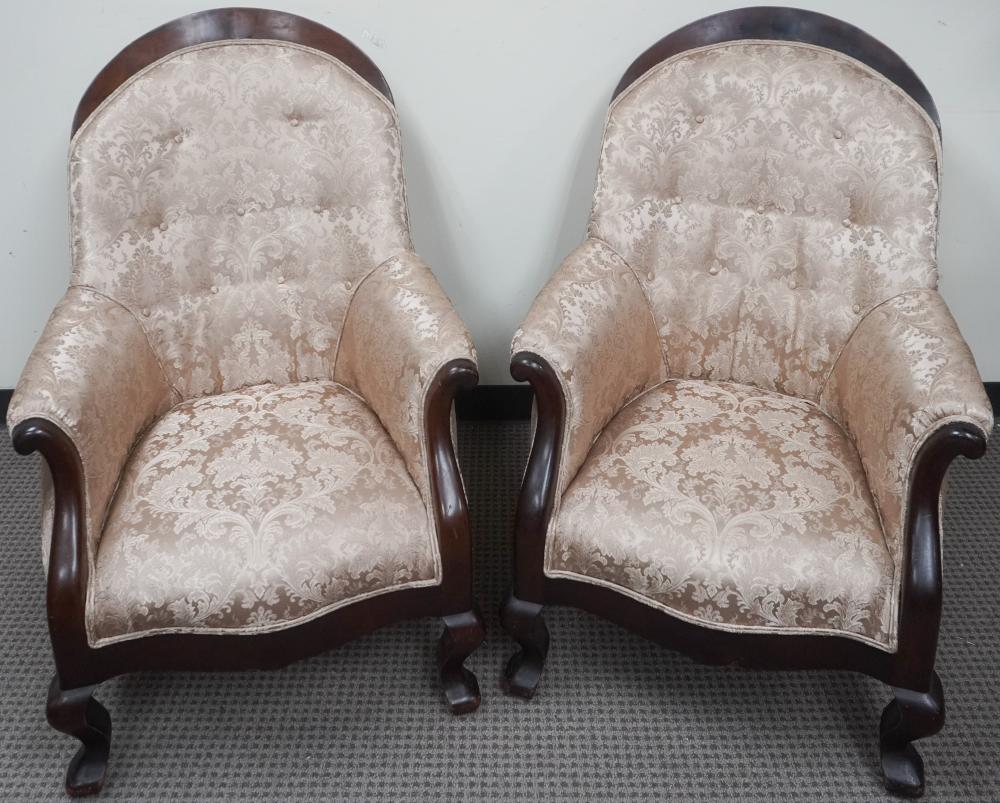 PAIR CLASSICAL STYLE MAHOGANY UPHOLSTERED