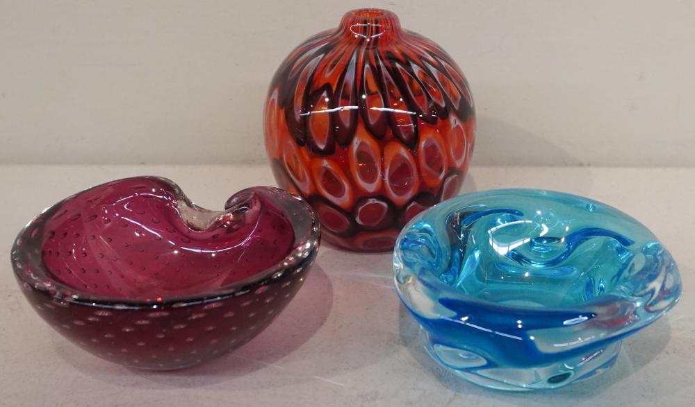 TWO ART GLASS DISHES AND A VASETwo Art