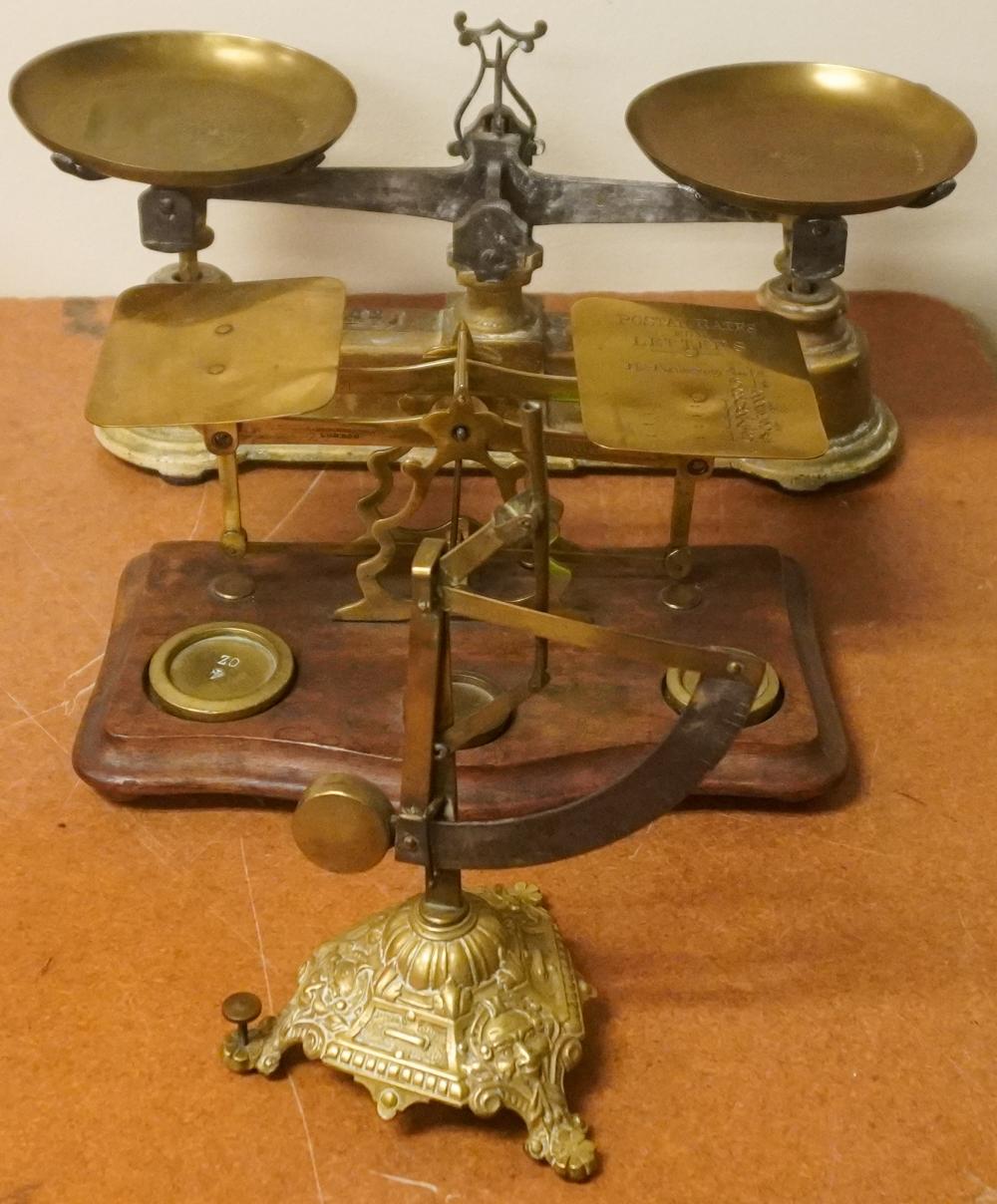 TWO BRASS POSTAL SCALES AND ONE
