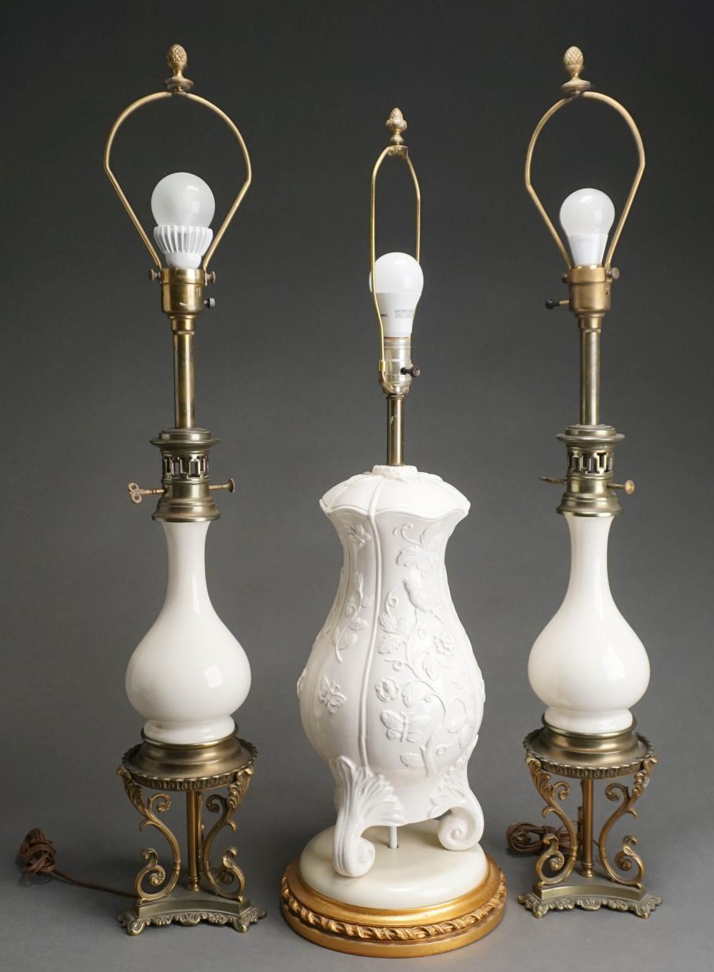 THREE FRENCH PORCELAIN TABLE LAMPS,