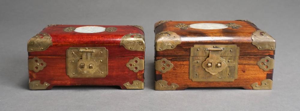 TWO CHINESE BRASS AND HARDSTONE