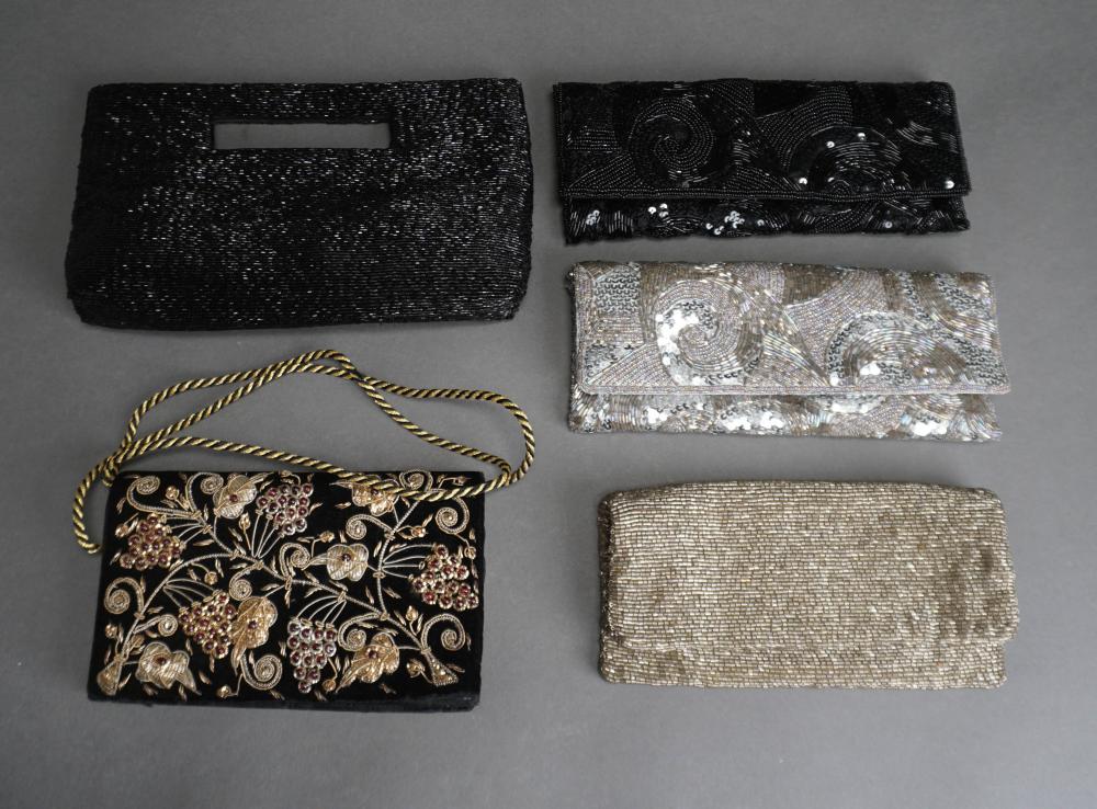 FIVE ASSORTED BEADED CLUTCH AND