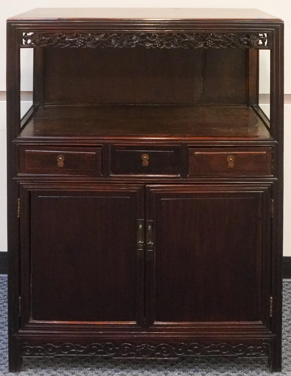 CHINESE CARVED HARDWOOD SIDE CABINET,