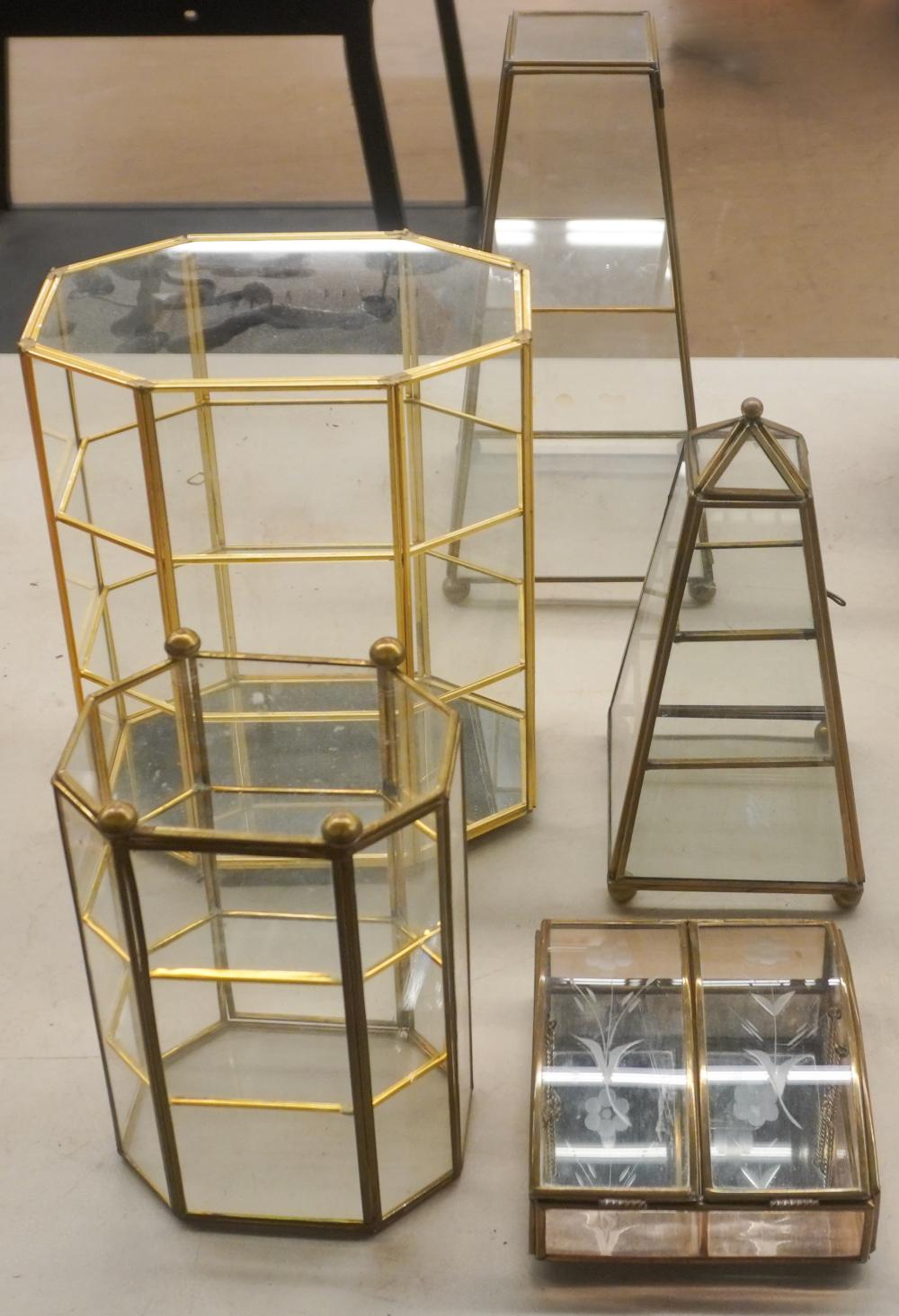 GROUP OF BRASS AND GLASS TABLE