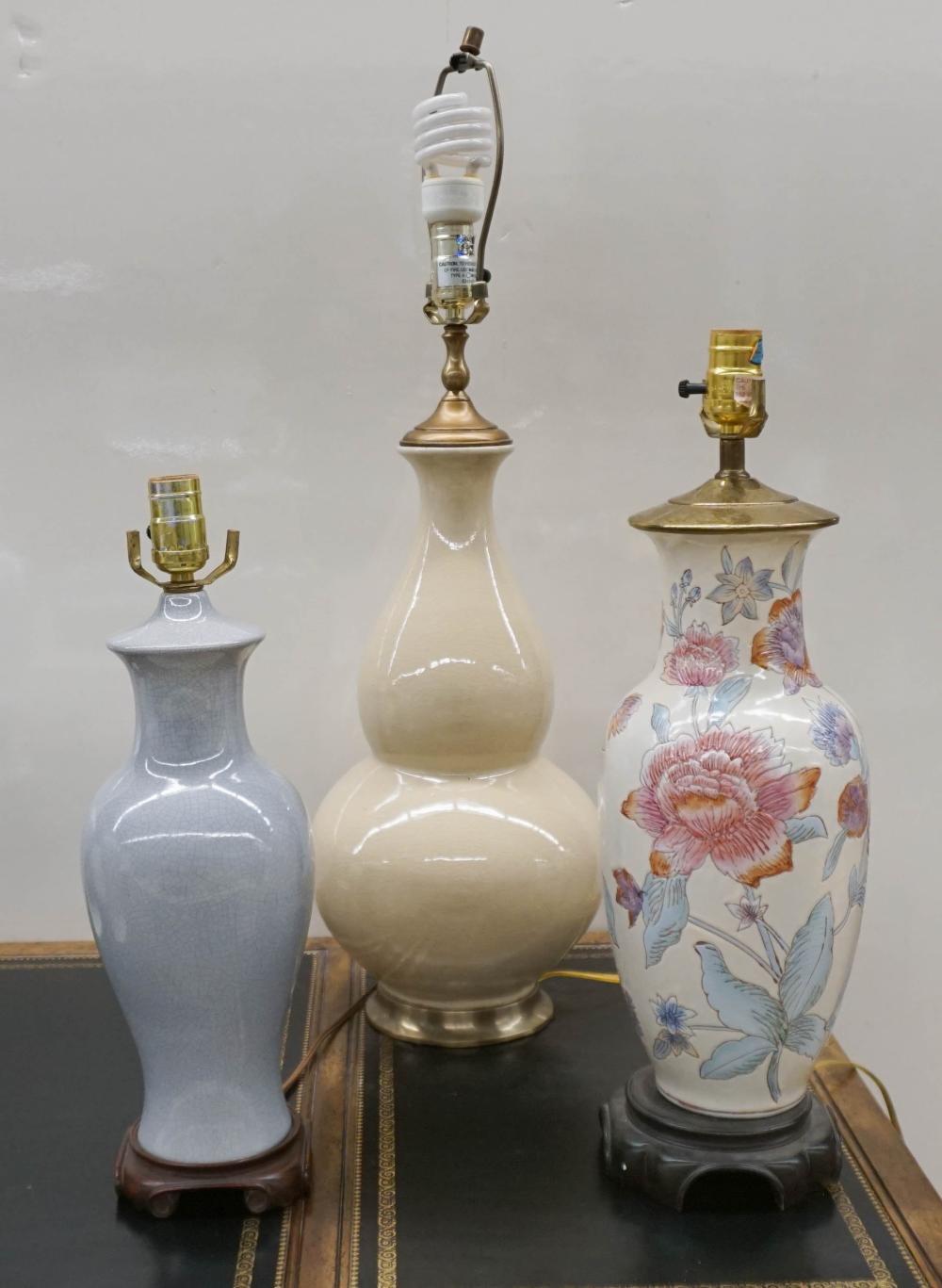 TWO CRACKLEWARE GLAZED TABLE LAMPS