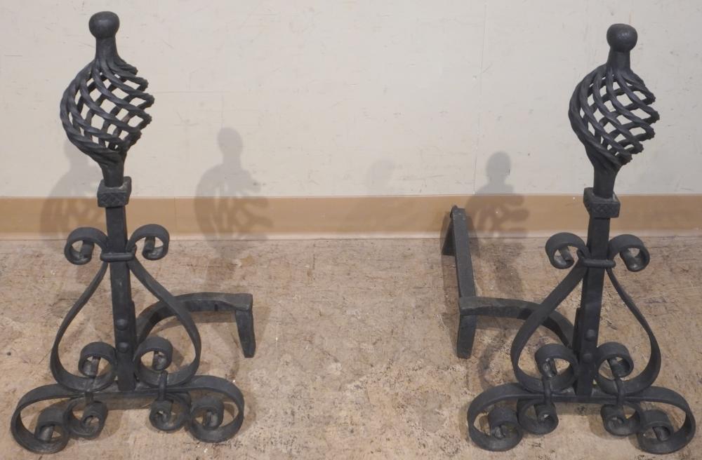 TWO METAL ANDIRONS, H OF TALLER: 28