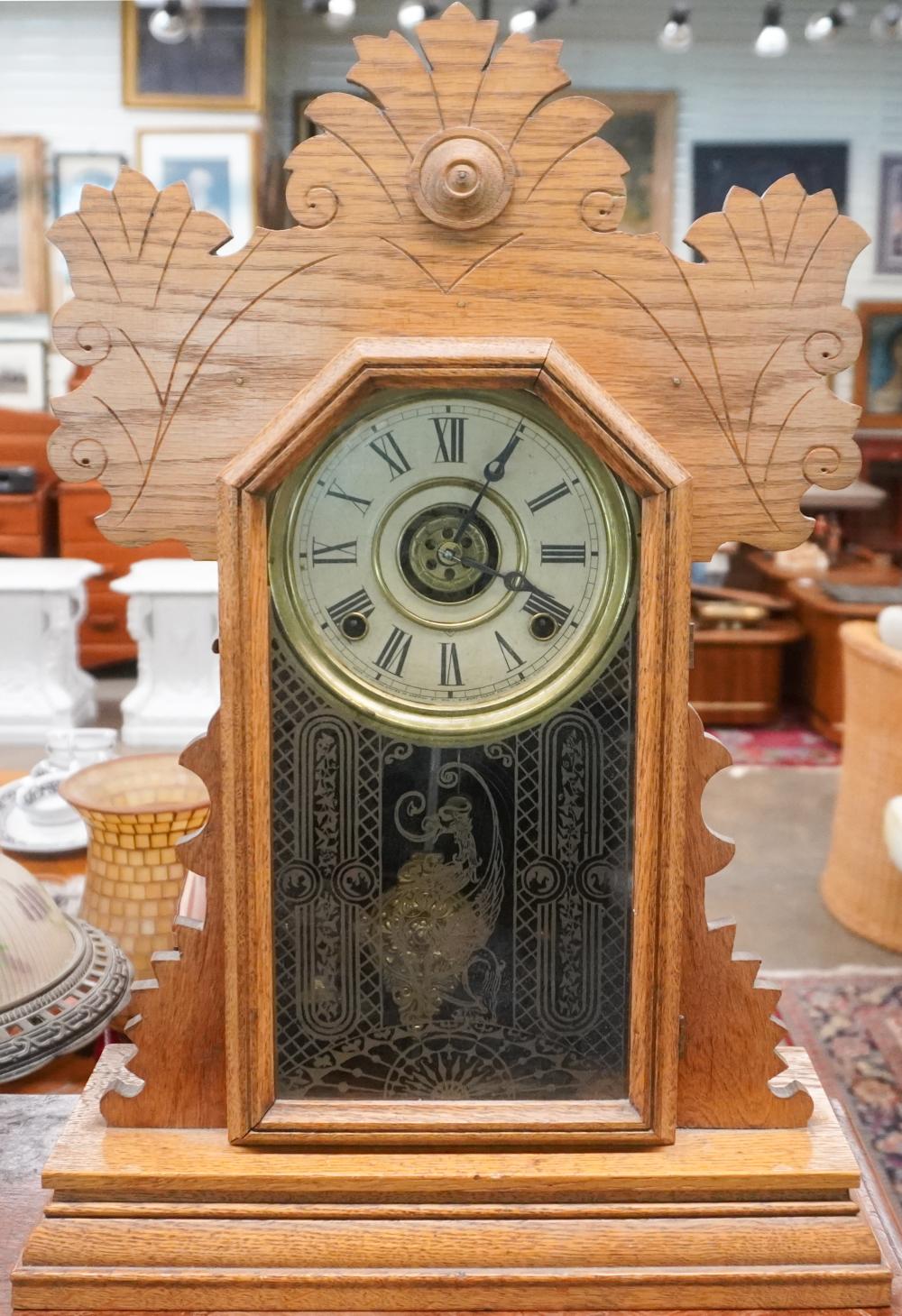 VICTORIAN PRESSED OAK MANTLE CLOCK,