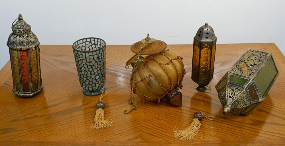 FOUR ASSORTED GLASS HANGING LANTERNS