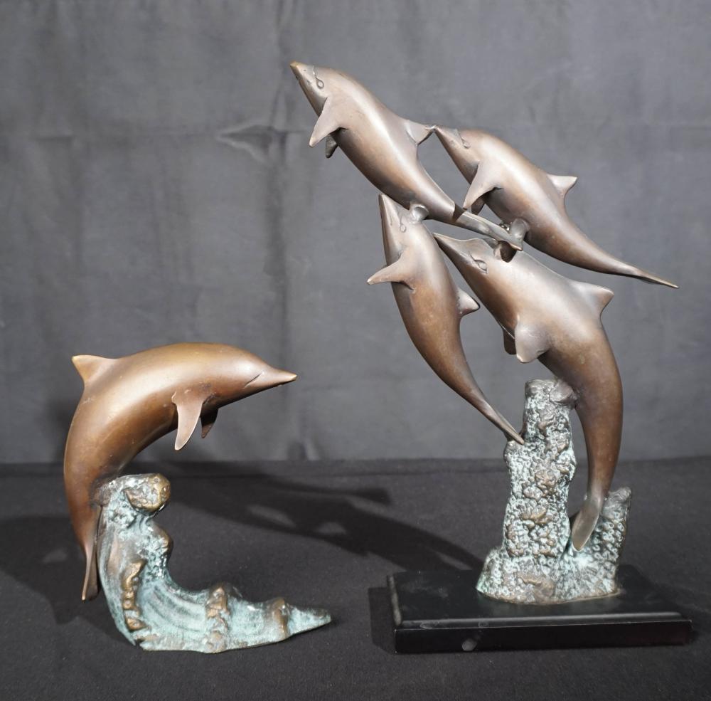 TWO MODERN PATINATED METAL ‘DOLPHIN’