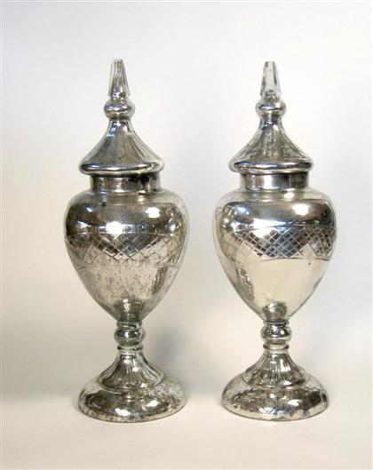 Pair of etched mercury glass covered