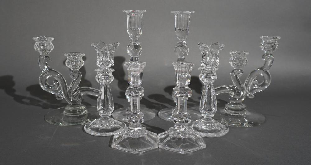 THREE PAIRS MOLDED CRYSTAL CANDLESTICKS,