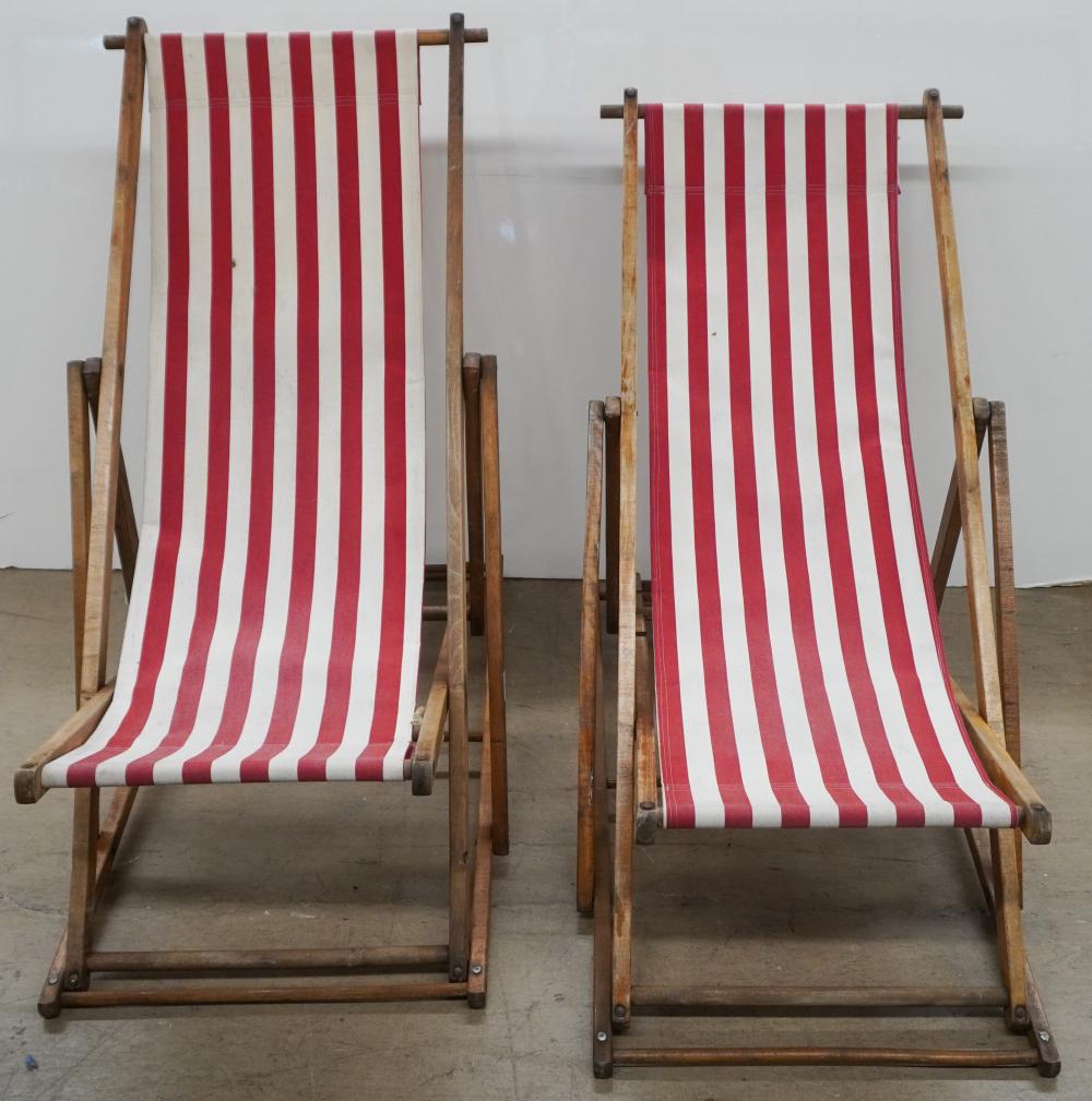 PAIR OF WOOD AND STRIPED FABRIC FOLDING
