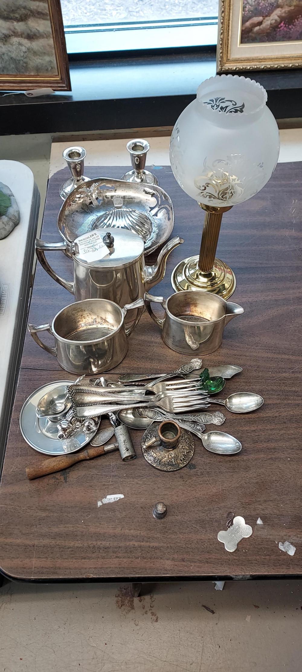 THREE-PIECE SILVER PLATE TEA SET, FLATWARE