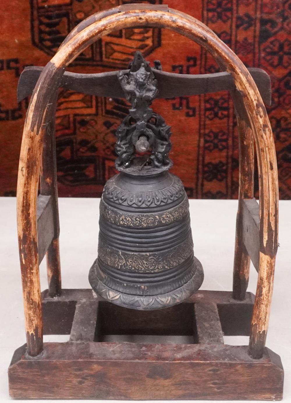 CHINESE BRONZE BELL WITH WOOD STAND,