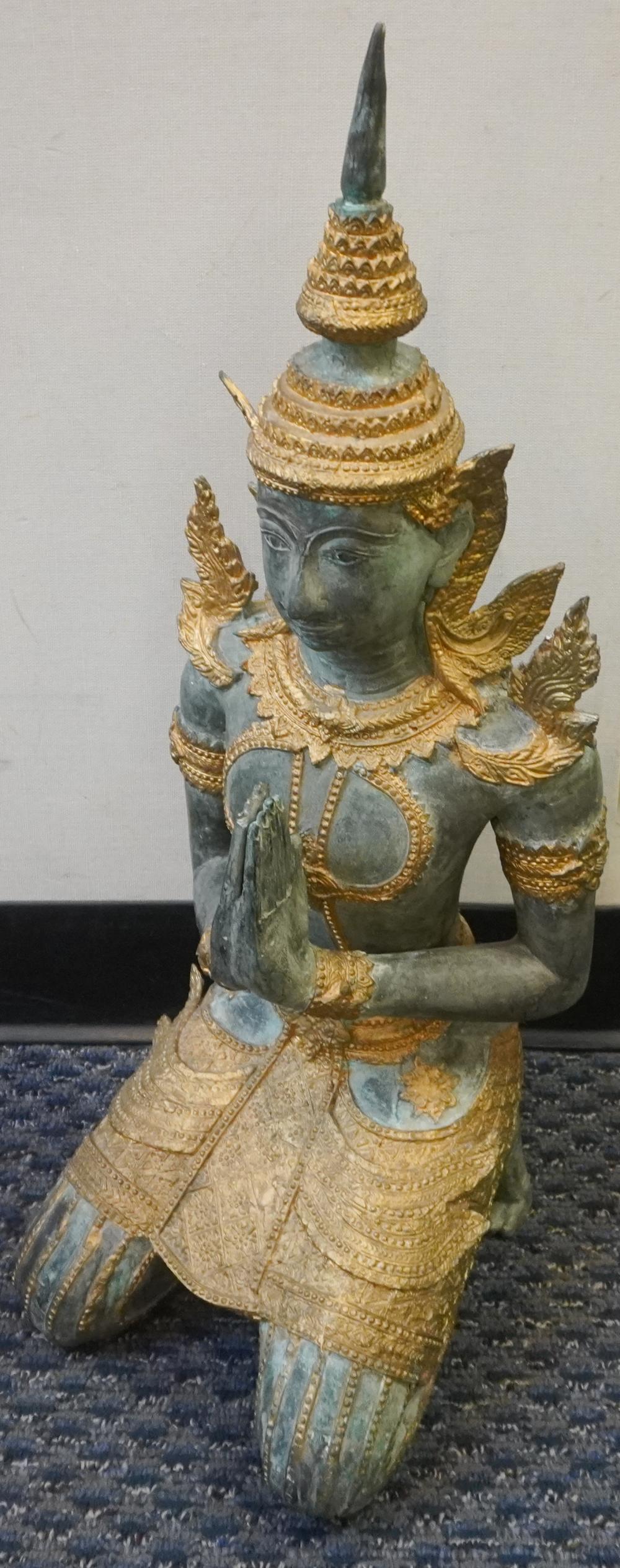 THAI VERDIGRIS AND GILT METAL KNEELING