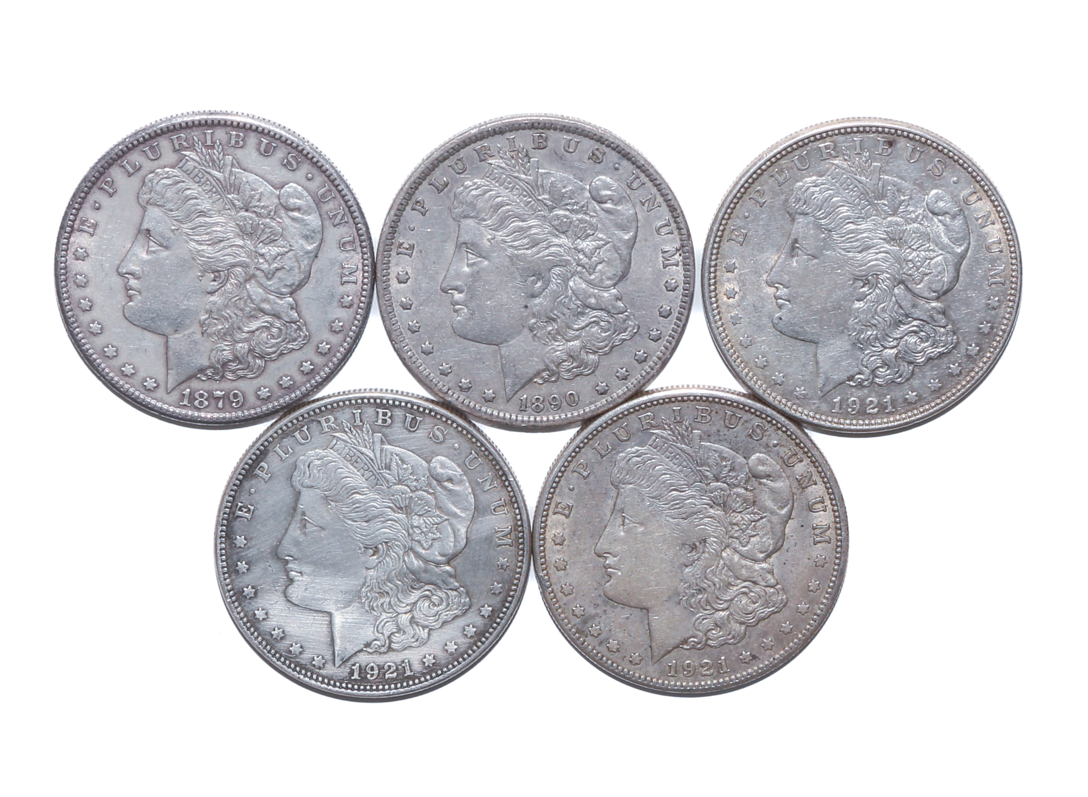 FIVE MORGAN SILVER DOLLARS 1879-S