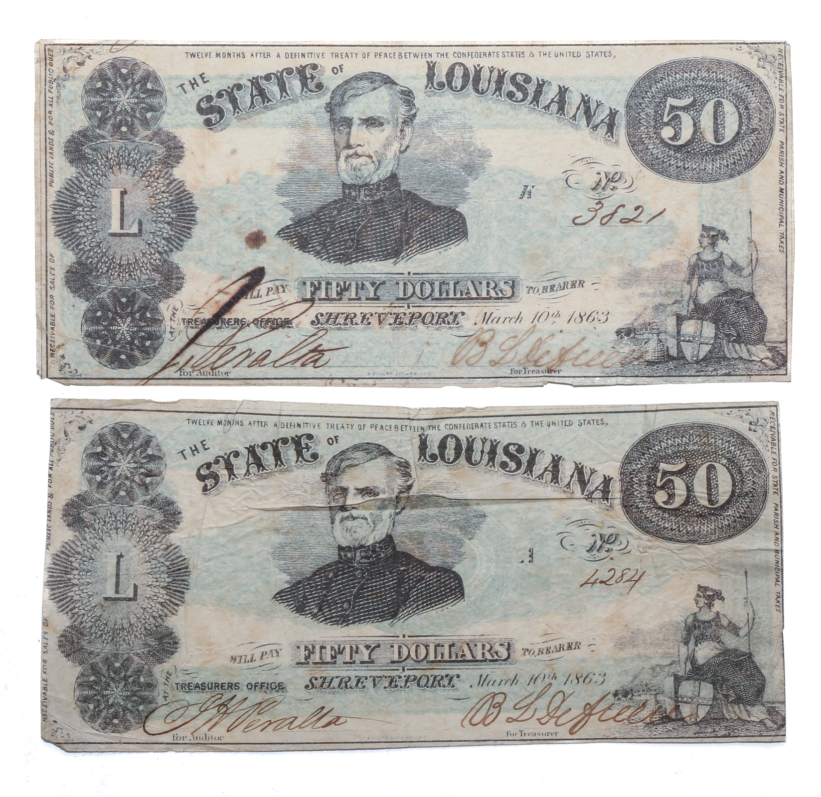 A PAIR OF NICE LOUISIANA $50 CIVIL WAR