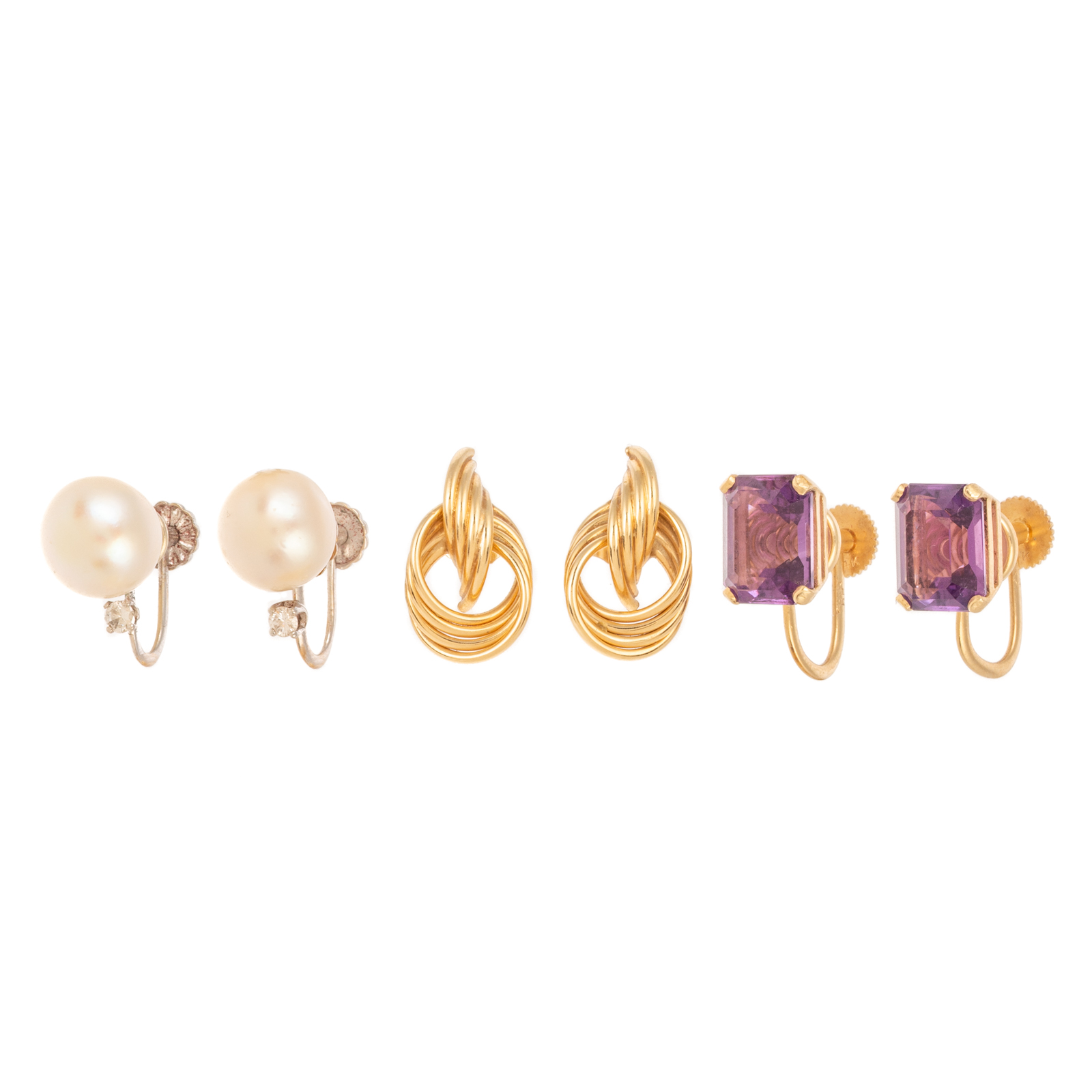 THREE PAIRS OF 14K PEARL AMETHYST 2e9f21