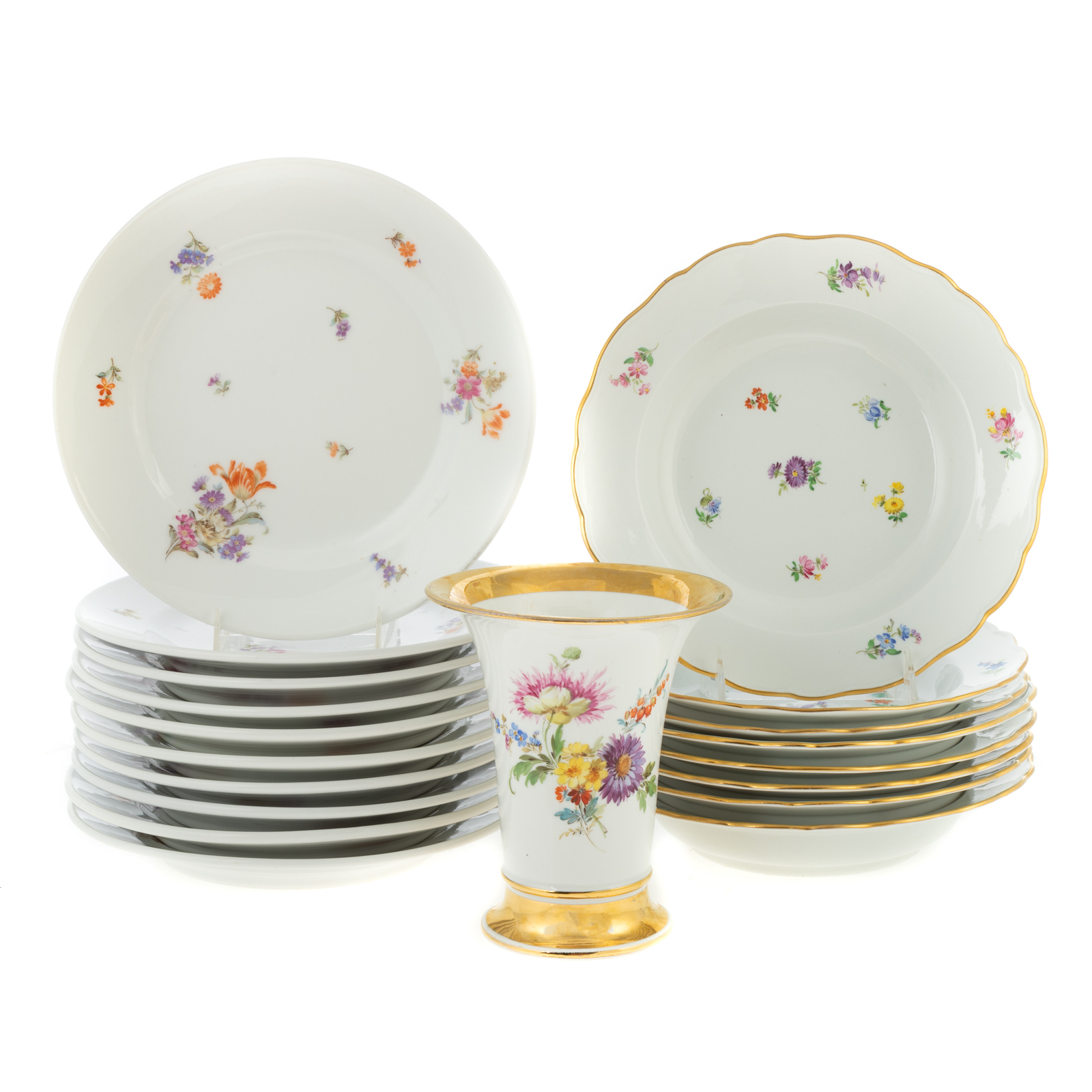 EIGHT MEISSEN SOUP PLATES, VASE