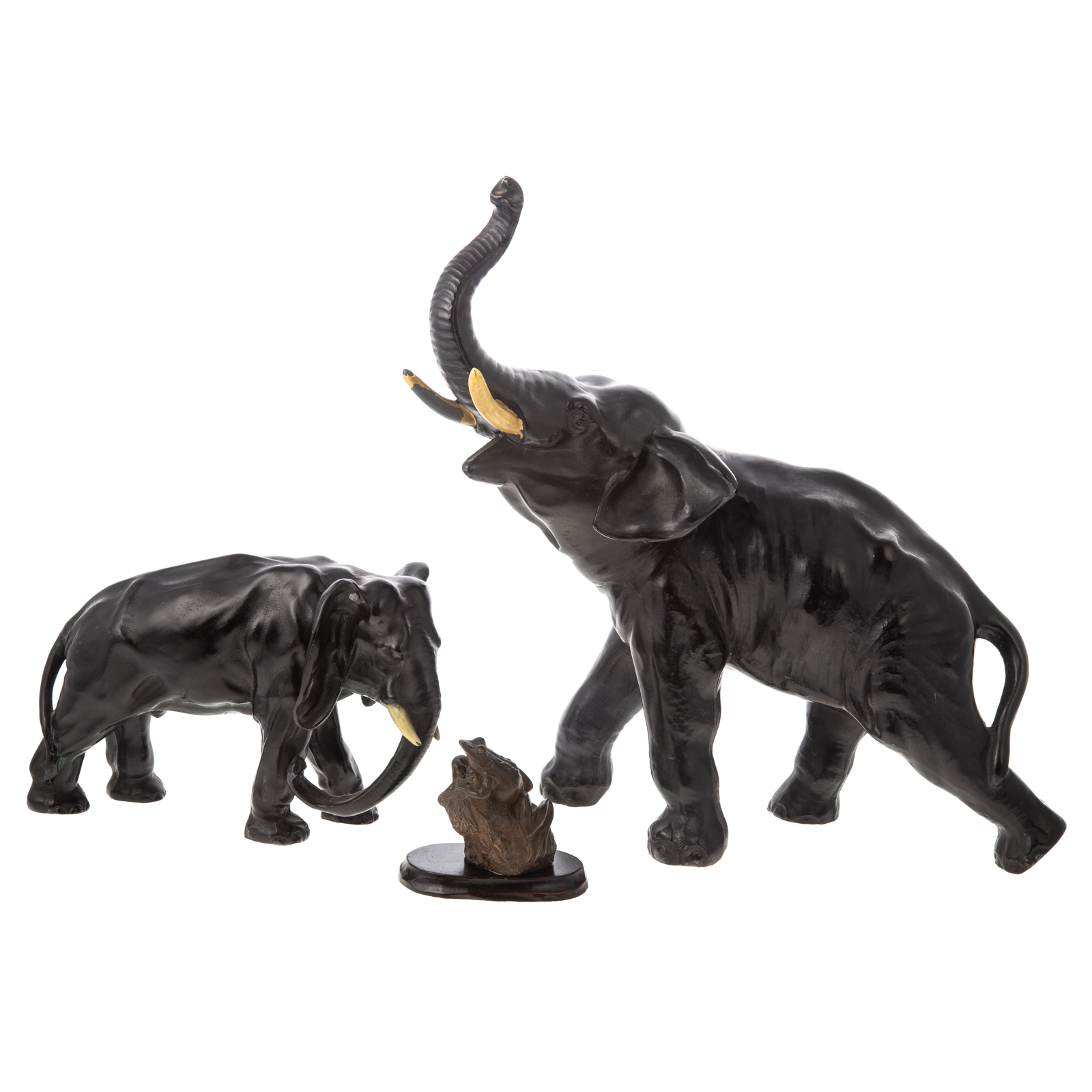 TWO PATINATED METAL ELEPHANTS &