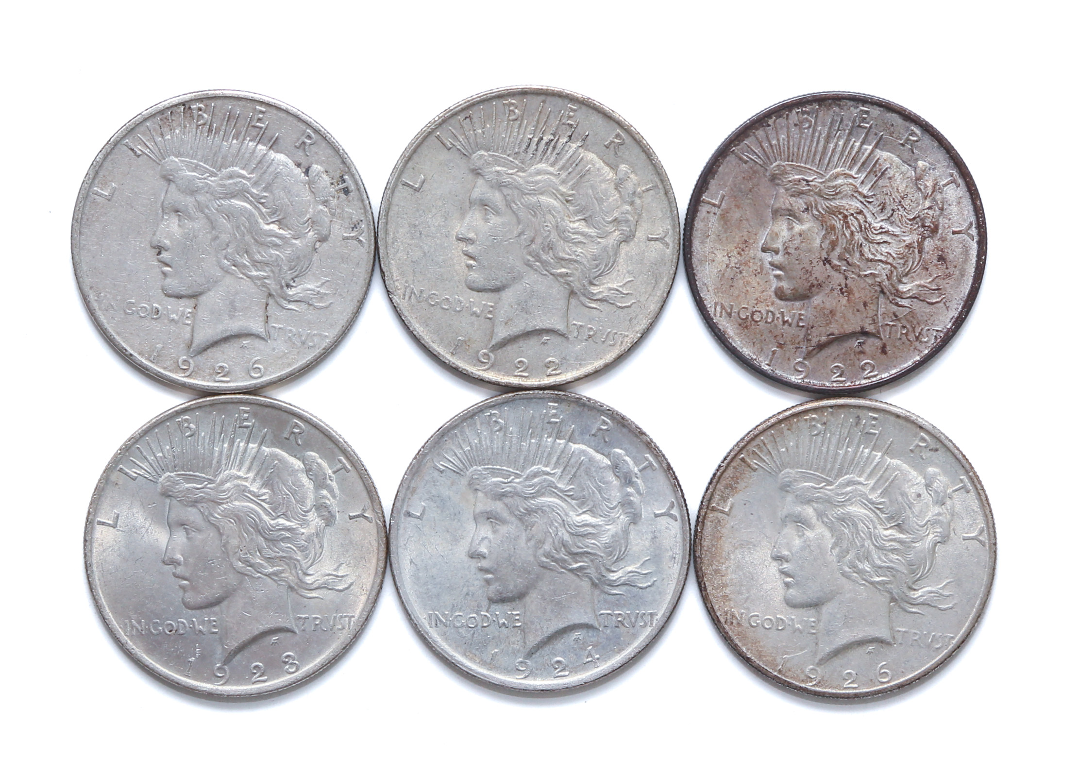 SIX DIFFERENT PEACE DOLLARS 1922