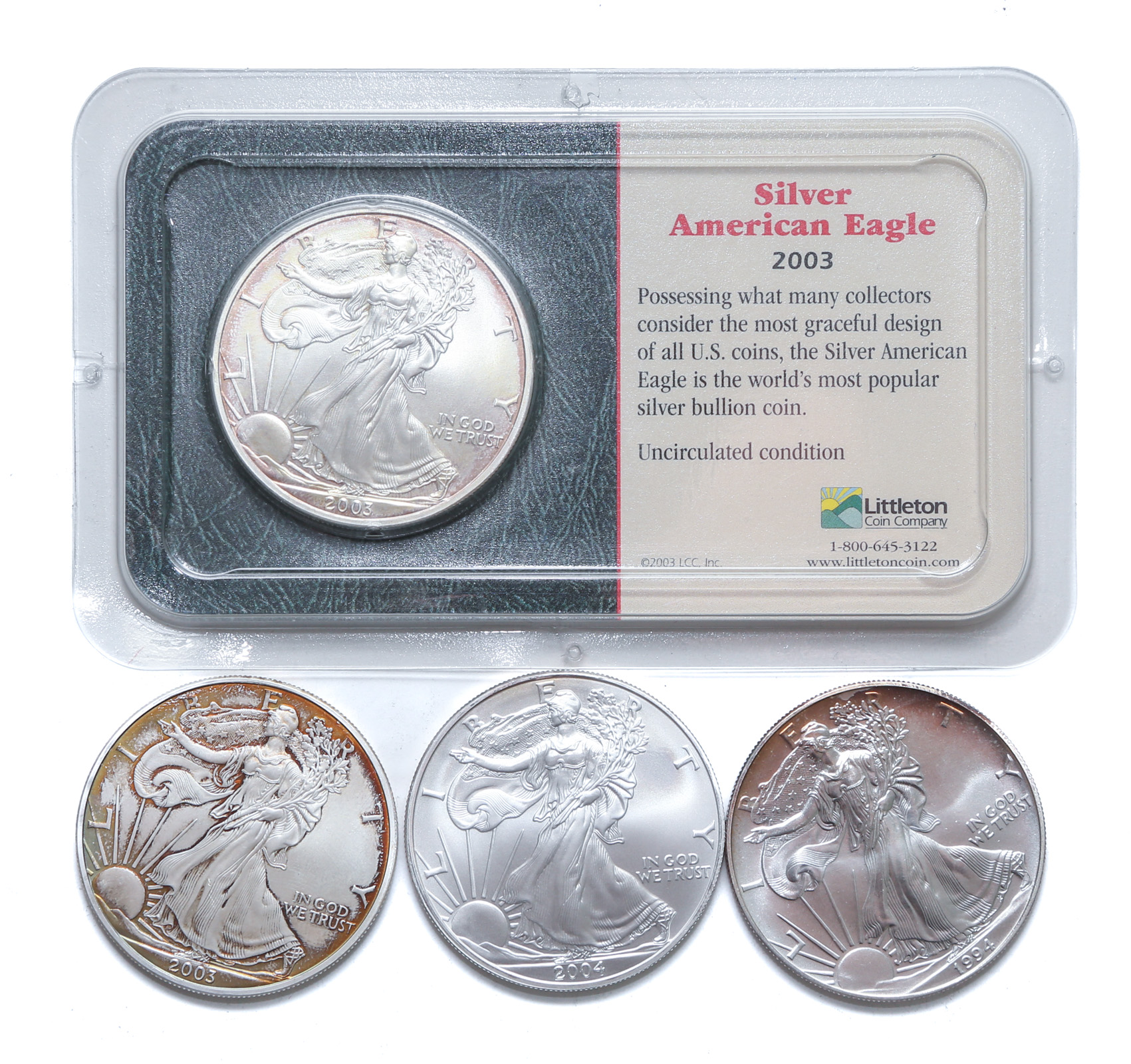 FOUR US SILVER EAGLES 1994, 2004,