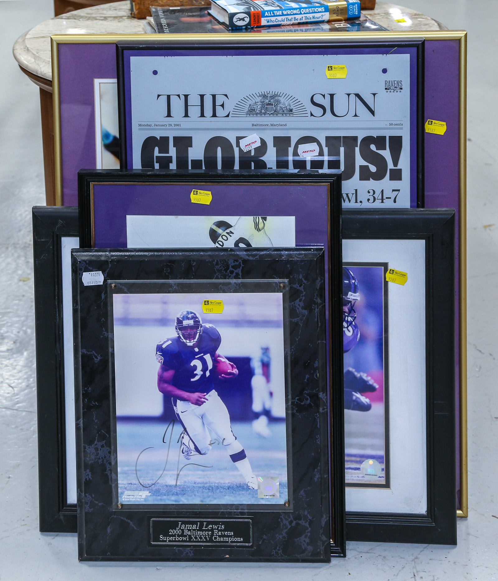 FIVE FRAMED BALTIMORE RAVENS ITEMS 2ea3dd