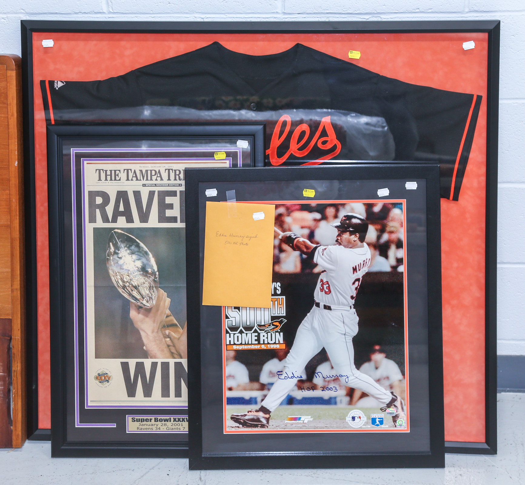 TWO ORIOLES ITEMS & A FRAMED RAVENS