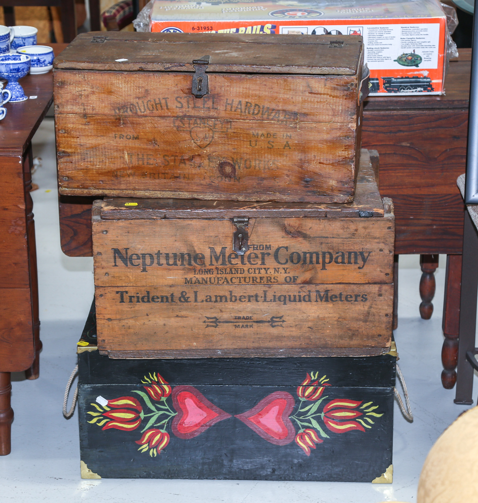 THREE ANTIQUE WOODEN CRATES Including