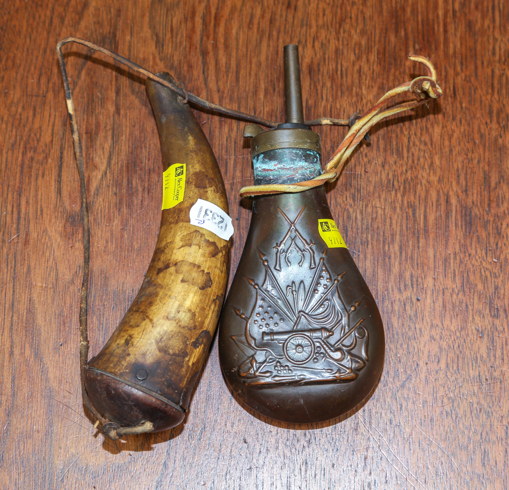 TWO ANTIQUE POWDER HORNS 19th century;